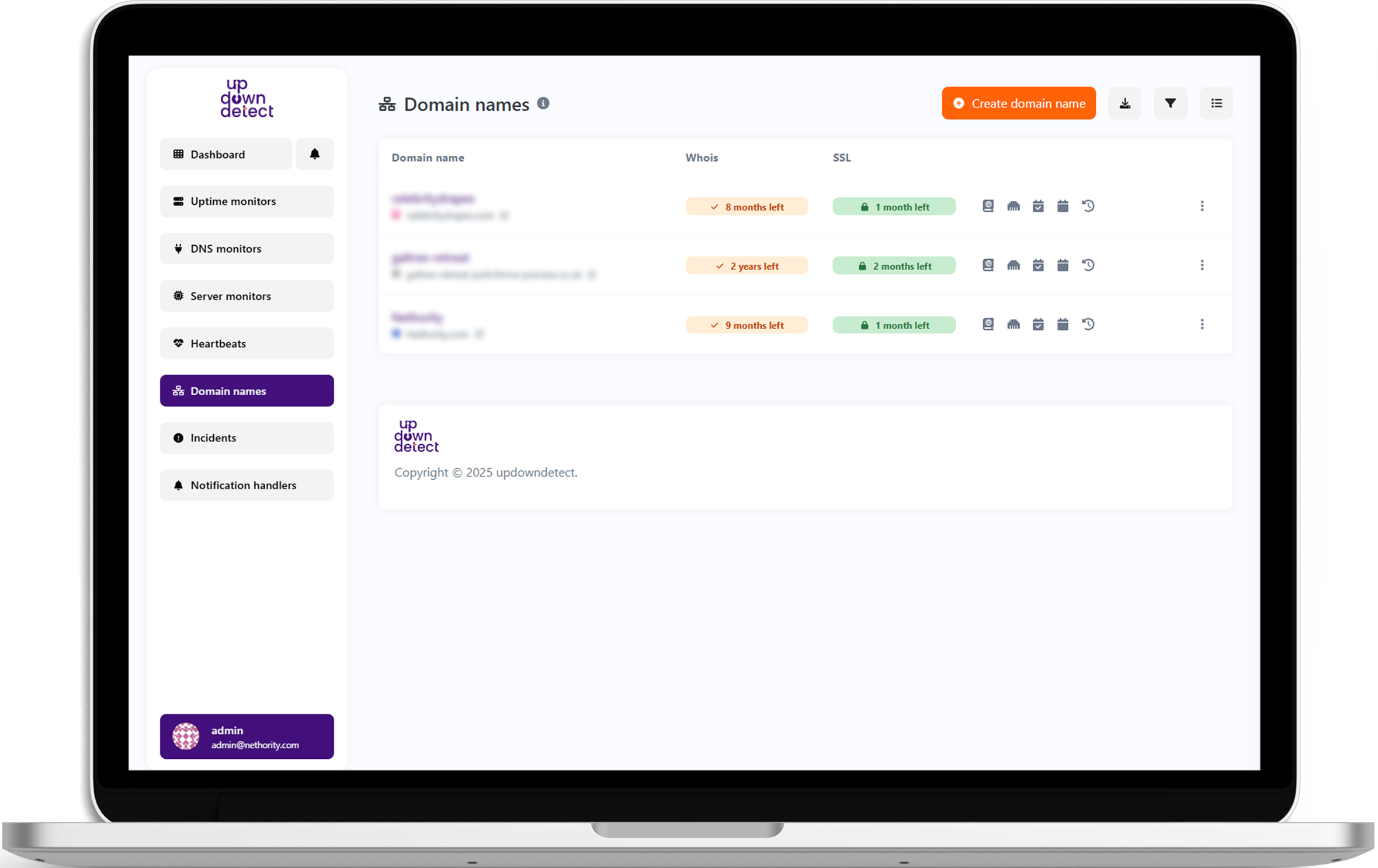 Screenshot of the app domain names list page