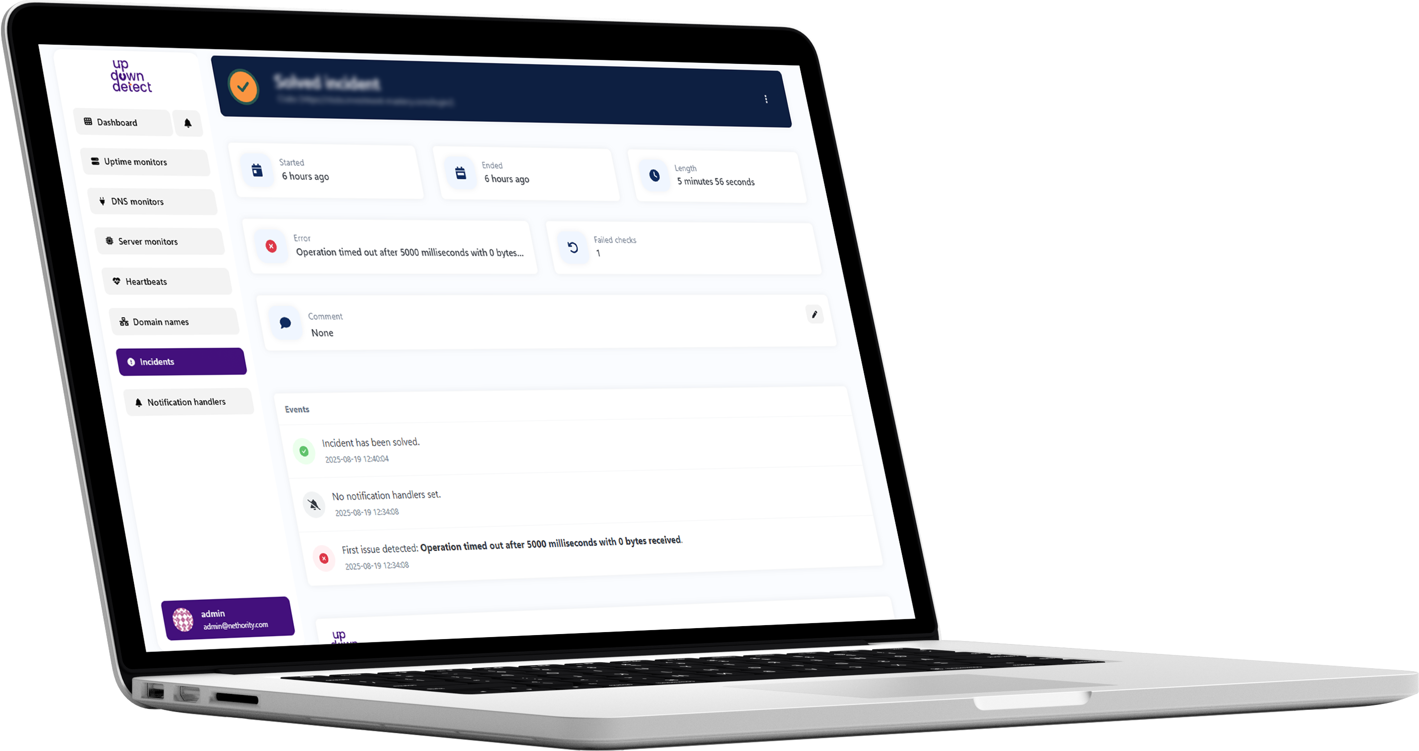 Screenshot of the app monitors incidents page